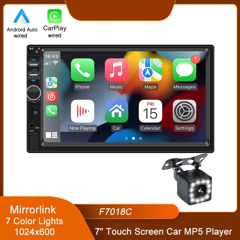 7‘’ Carplay Android Auto Player Dual USB Capacitive Screen Touch HD Car MP5 Player USB FM Bluetooth TF Card Touch Screen