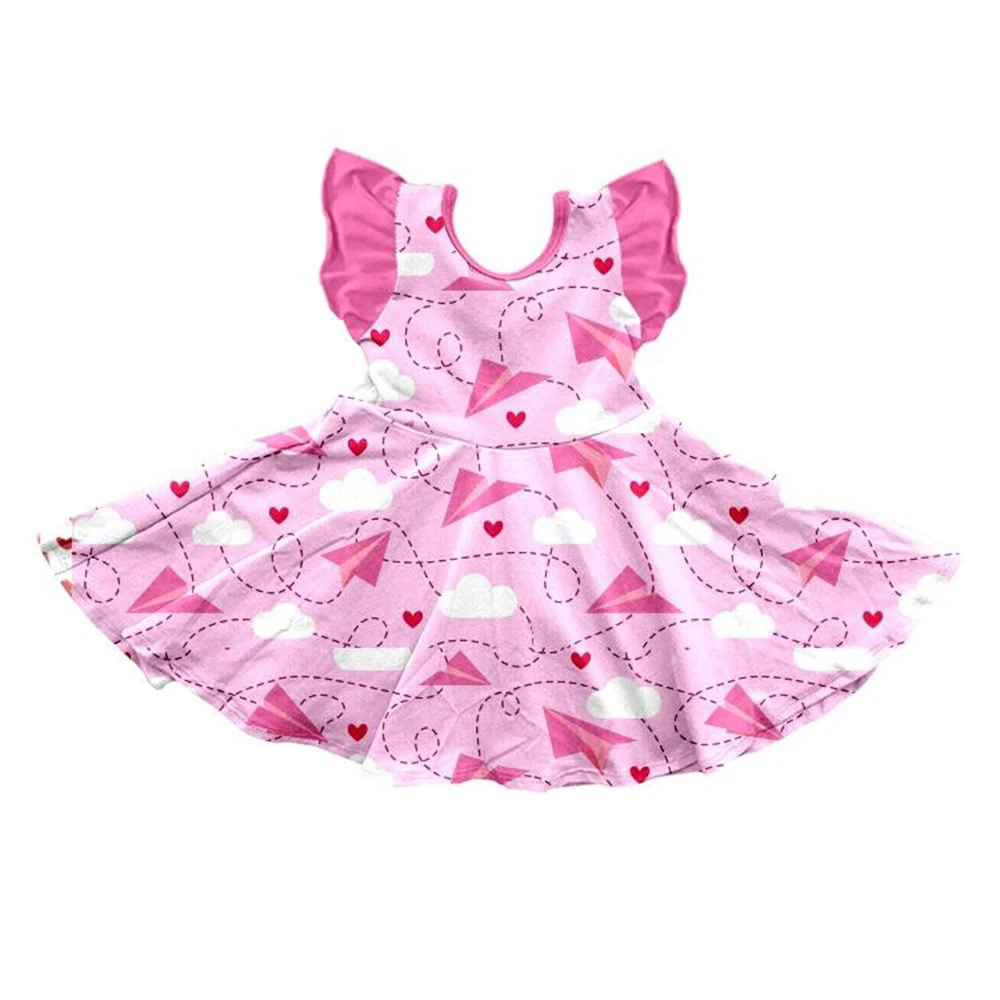 Boutique hot selling Valentine's Day dress baby girl small flying sleeve dress love paper airplane toddler milk silk clothing