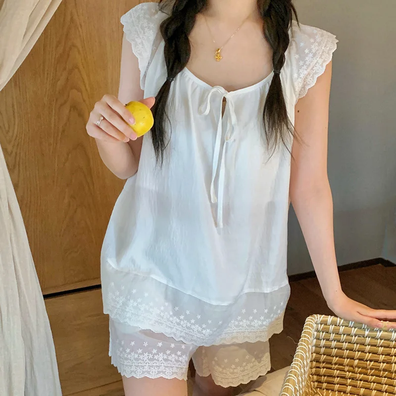 Women Sweet Girls Summer Cool Shoulder Sleeveless Lace Girl with Chest Mat Home Clothes Pajama Set