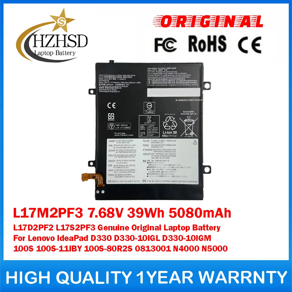 L17M2PF3 7.68V 39Wh 5080mAh L17D2PF2 L17S2PF3 Genuine Original Laptop Battery For Lenovo IdeaPad D330 D330-10IGL D330-10IGM 100S