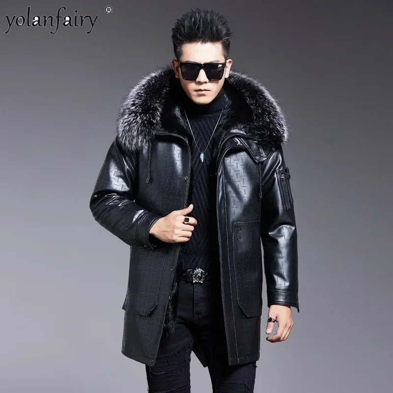 Genuine Leather Coat Men's Mid Long Fox Fur Collar Lamb Fur Coats Male Fur Parkas Men Winter Clothing Chaquetas Para Hombre FCY