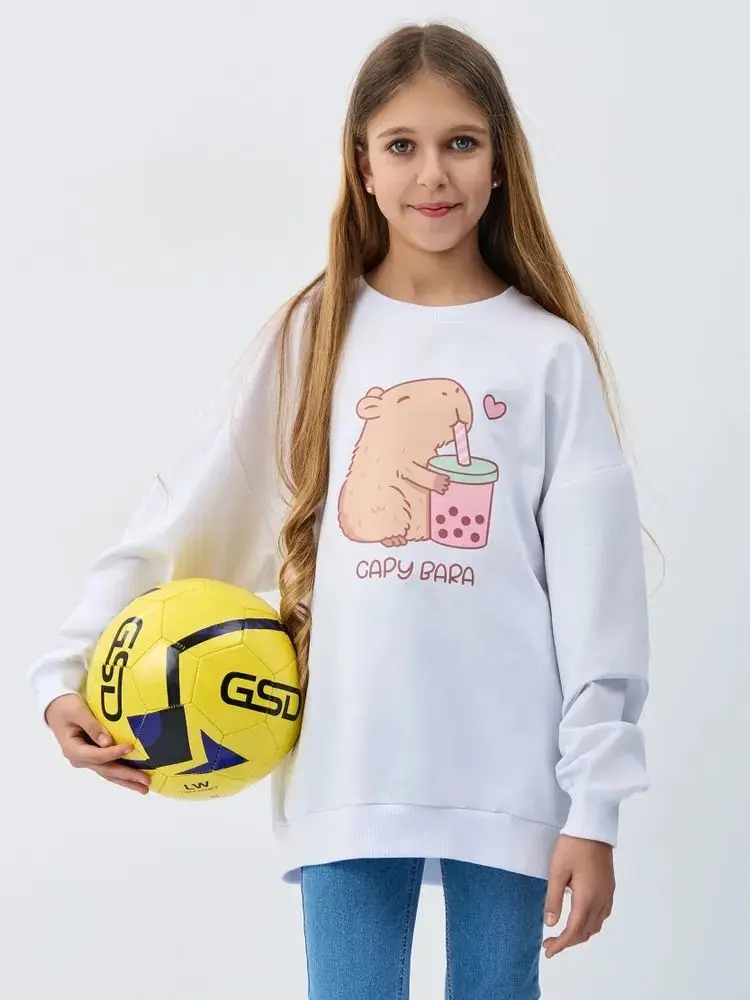 สาวรัสเซียน่ารักเสื้อสีขาวน่ารักกระรอกการ์ตูนพิมพ์เสื้อแขนยาว Oversize ขนาดใหญ่หญิงสาวสบายๆ