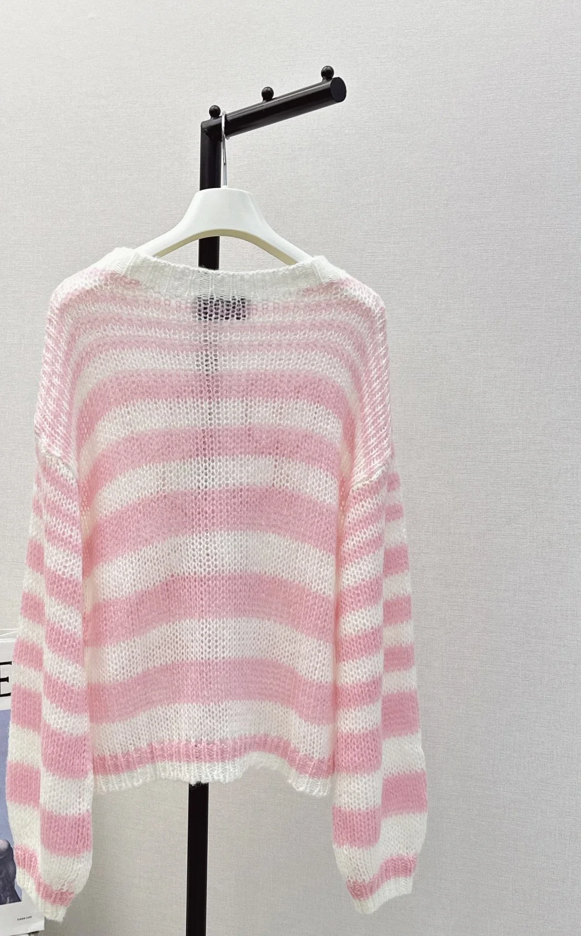 New color striped wool sweater for early autumn, fluffy, soft and comfortable, hollow knit sweater, pink top for women