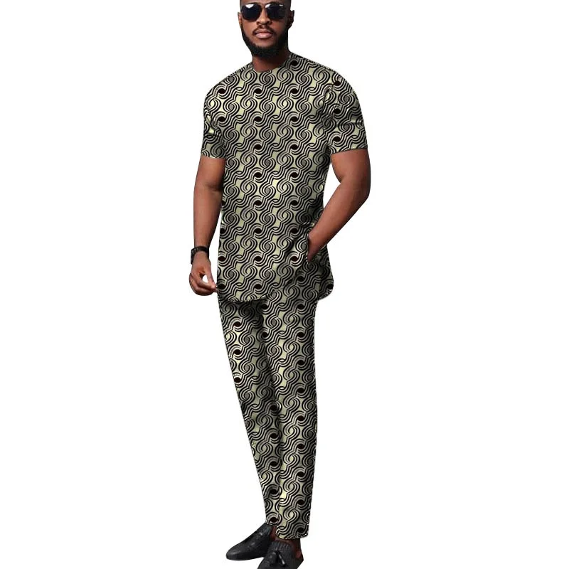 African Tops+Elastic Waist Trousers Male Groom Suit Nigerian Fashion Short Sleeves Men\'s Sets Party Wear