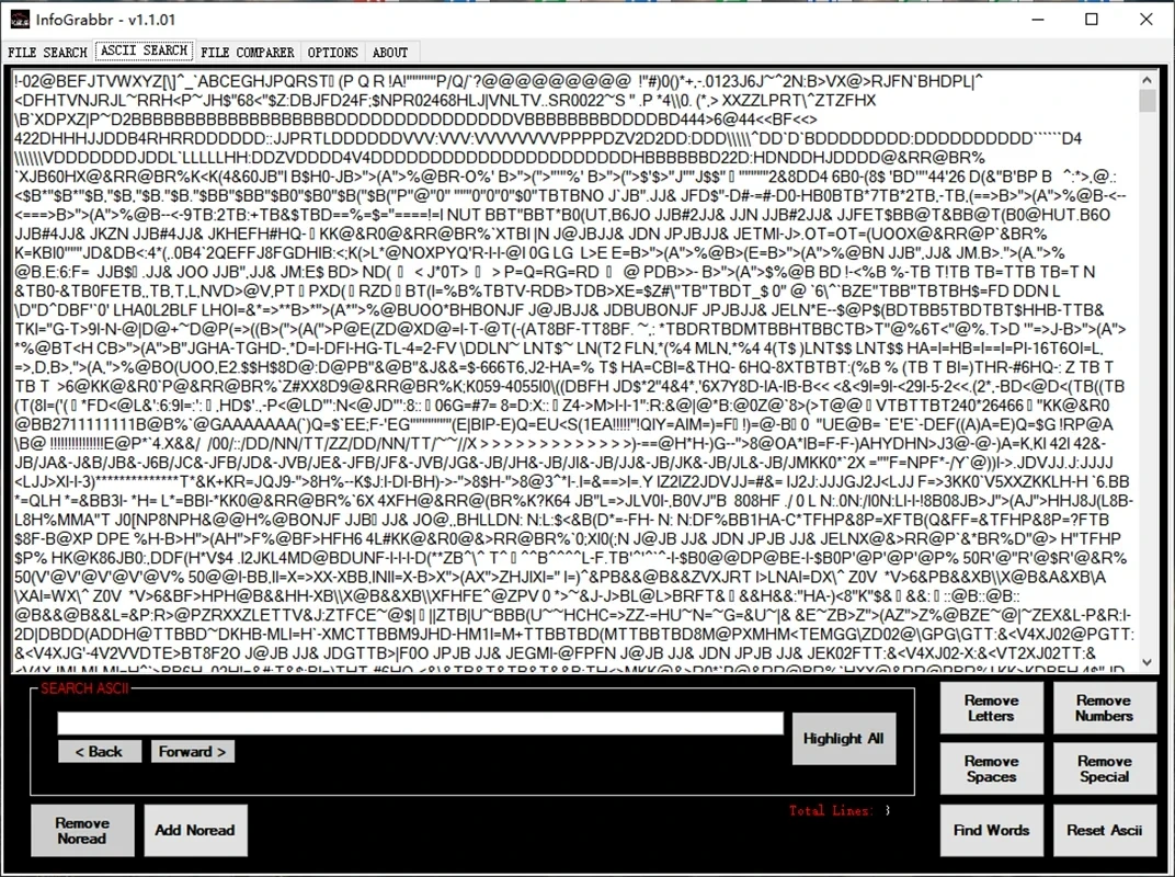 Software di test delle informazioni e dei File infobabbr per la mappa dei File rimuovi lettere/numeri/caratteri speciali/spazi/parola di ricerca