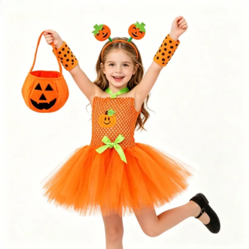 Orange Pumpkin Pattern Puffy Skirt Set for Toddler Little Girls, Kids' Outfit for Halloween Stage & Party, Casual Daily Dress
