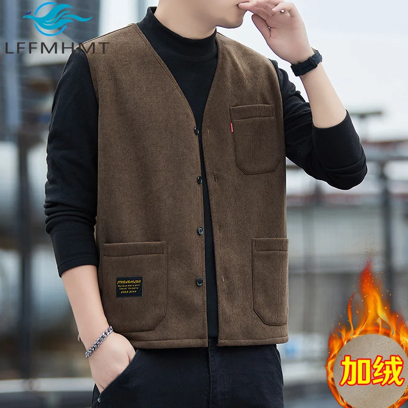 Spring Autumn Fashion British Vintage Style Men's Waistcoats Good Quality Solid Color Simple Basic Multi-pockets Vest Coats Male