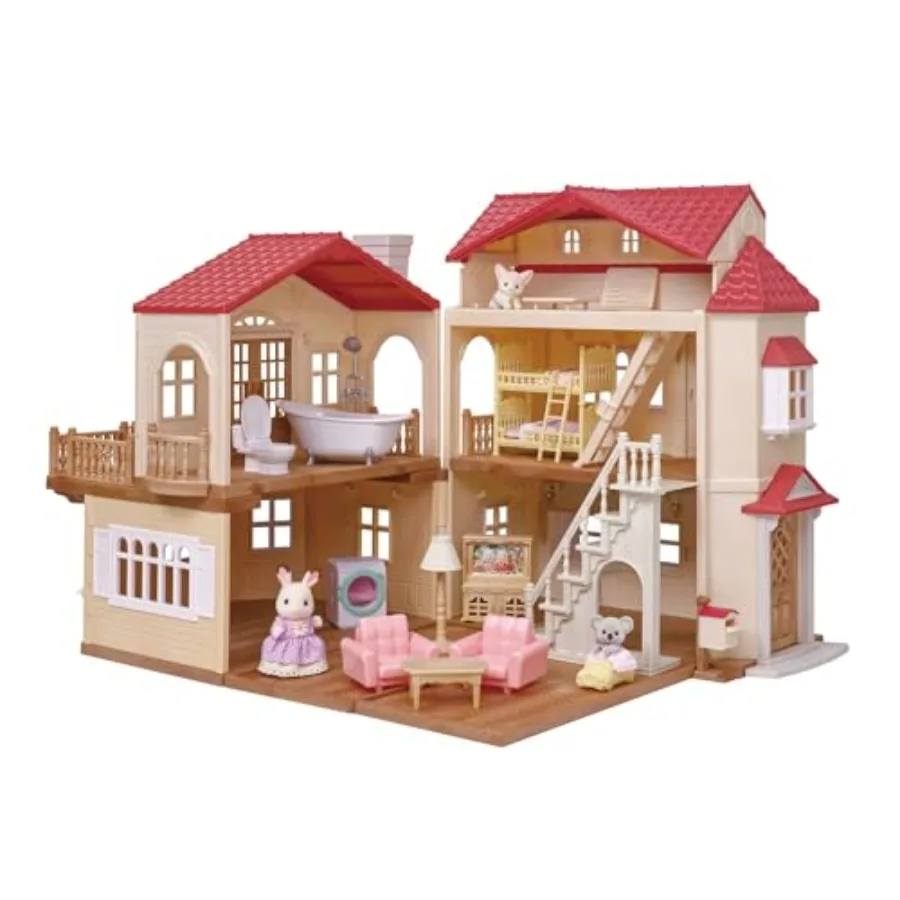 

Country home dollhouse gift set for kids ages 3+, red roof design, wood-plastic composite material, classic red and white color