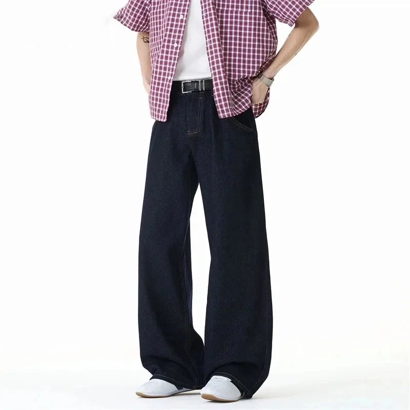 

Chic Contraststitched Design Men's Jeans Dark Blue Wide Leg Denim Long Pants American Style Loose Straight Trousers