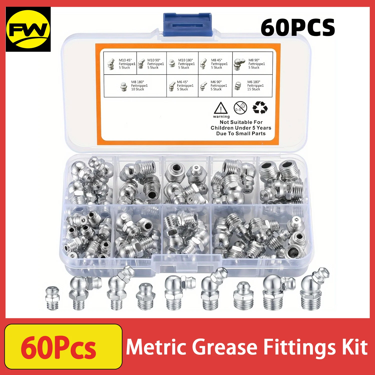 

Комплект фитингов для метрической смазки, 60 шт., Ассортимент гидравлической смазки, M6 M8 M10, комплект для прямой и угловой смазки Zerk