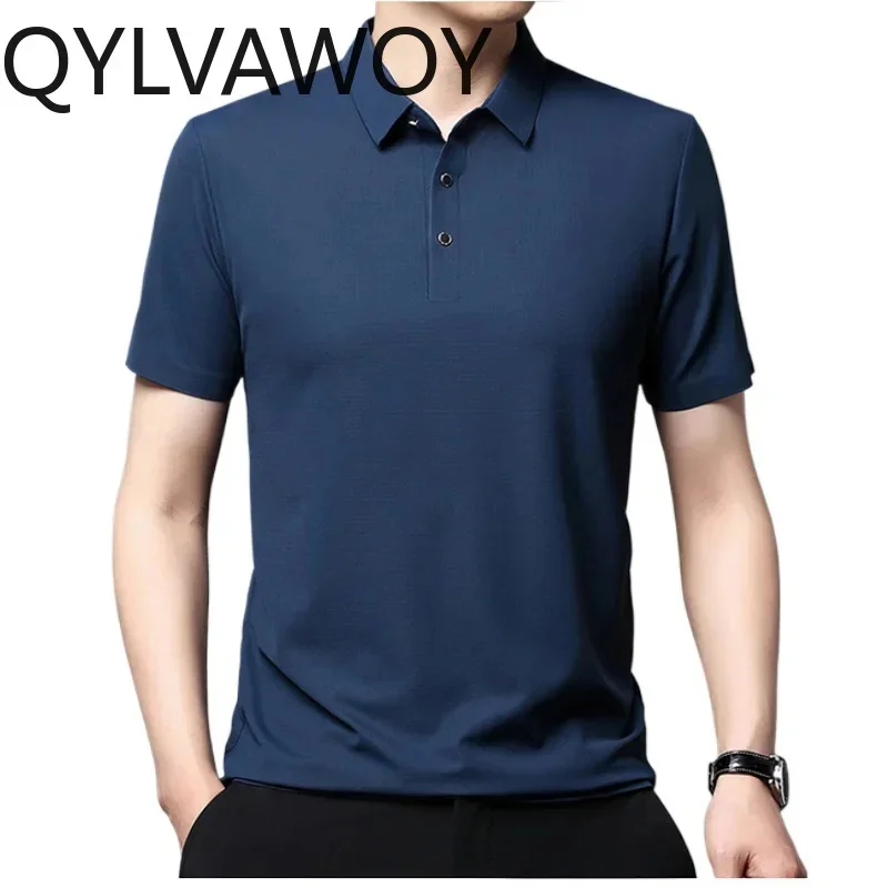 QYLVAWOY 100% Mulberry Silk Polo T Shirt Men's Short Sleeve Top Solid Thin Style T-shirts for Men Casual Summer Clothes