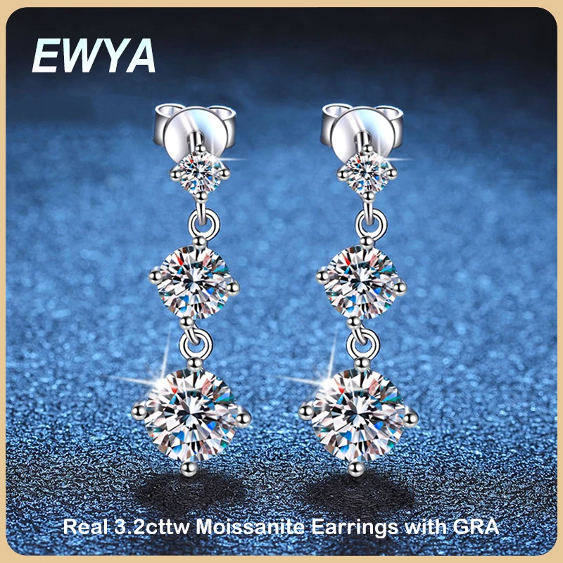 EWYA Luxury Real D Color 3.2cttw Moissanite Drop Earring for Women Girl S925 Silver 3-Stone Diamond Long Tassel Dangle Earrings