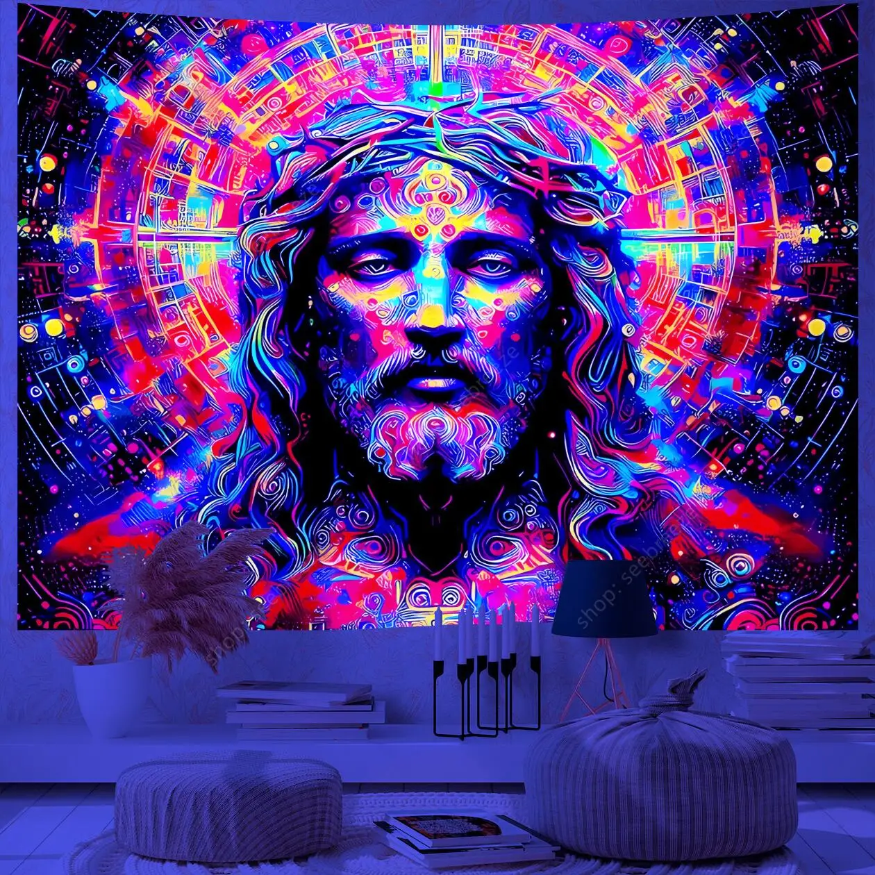 Psychedelic Wizard UV Reactive Tapestry Magic Eyes Neon Universe Starry Tapestry Wall Hanging for Room Decor Witchcraft Supplies