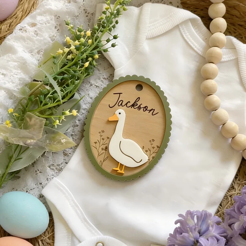 1Pc Custom Cute Goose with Flowers Wooden Name Plaque,Home Room Wall Door Decor,DIY Paintable,Nursery Birthday Wedding Gift