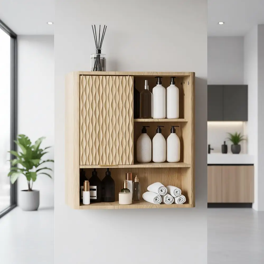 

Wall-Mounted Sliding Door Medicine Cabinet, Natural Oak Finish for Kitchen, Dining, Living Room Storage