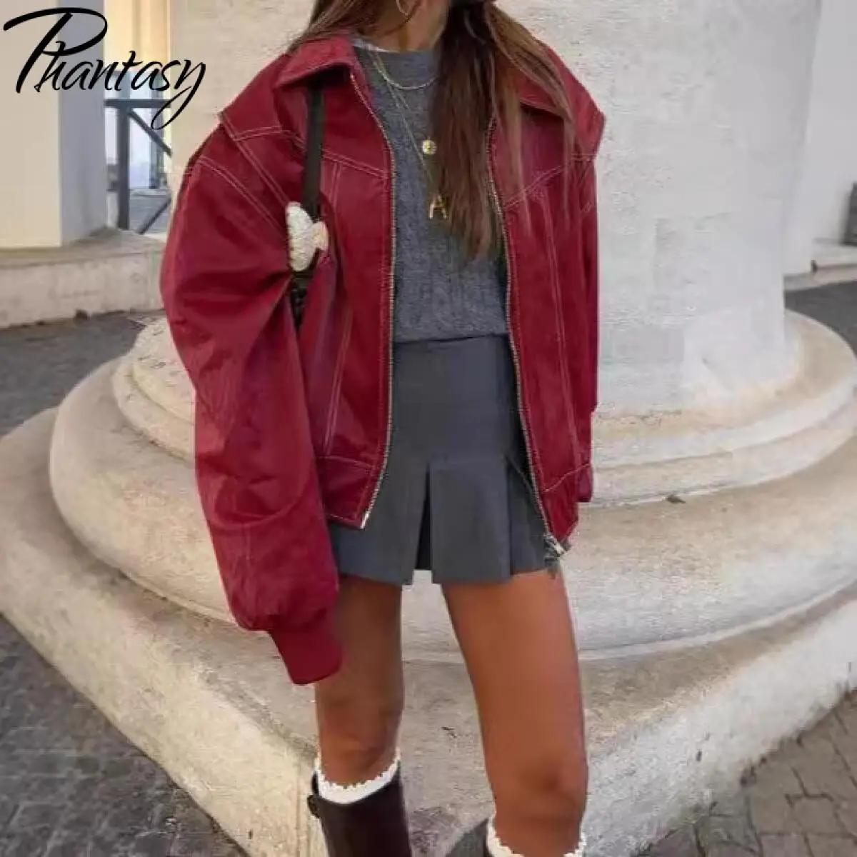 

Phantasy Elegant Women Solid Color Zipper Short Bomber Fashion Loose Turn-Down Collar Long Sleeves Jackets Streetwaer Coat