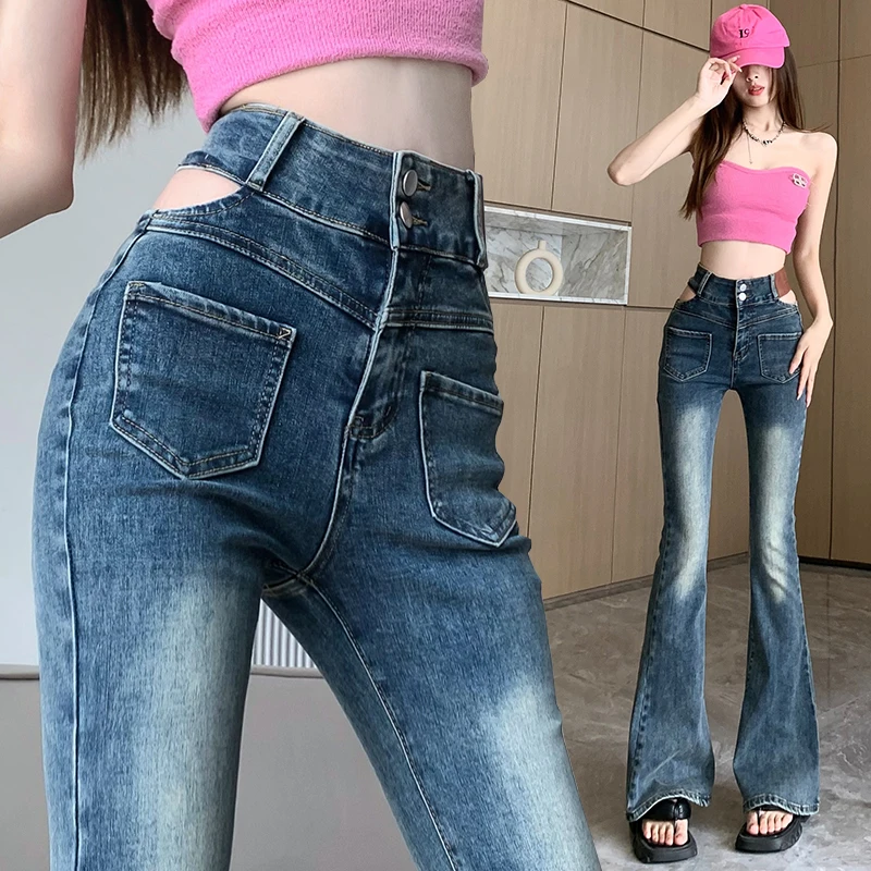 

Ladies Vintage High Waisted Jeans Woman Streetwear Lim-Fit Denim Trousers Girls Casual Denim Bell-bottoms Female Pants BVAL6963C