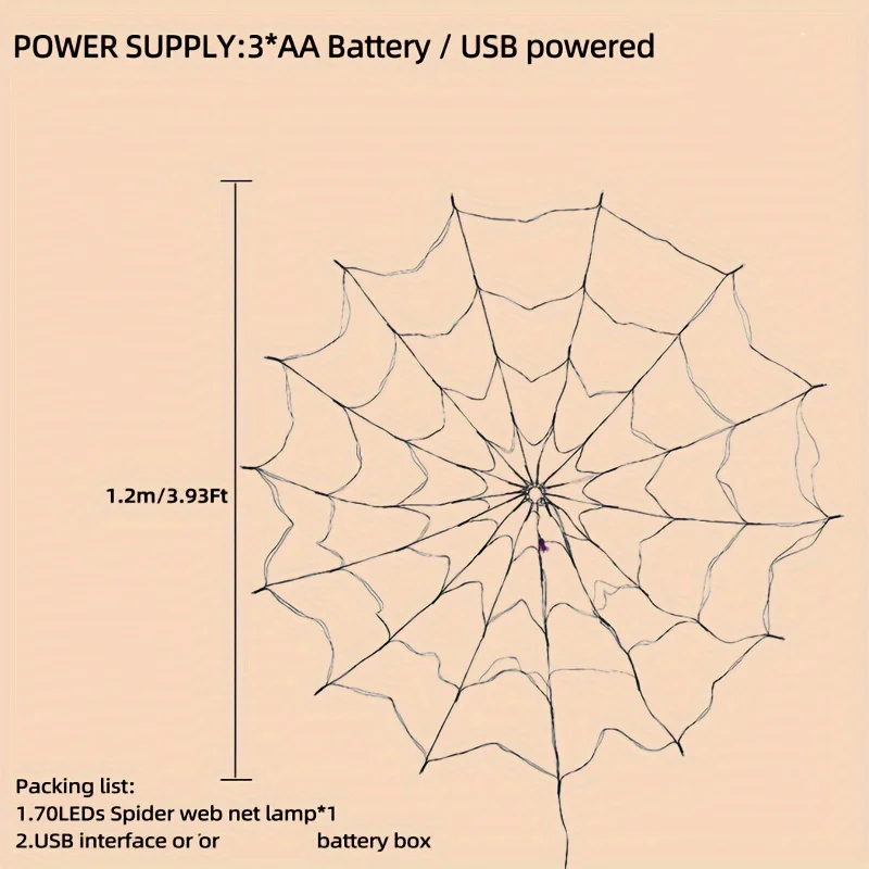 Scary Spider Web Halloween Lights 70LED Battery Powered Glowing Outdoor String Light with Remote Control Garden Wall Decorations