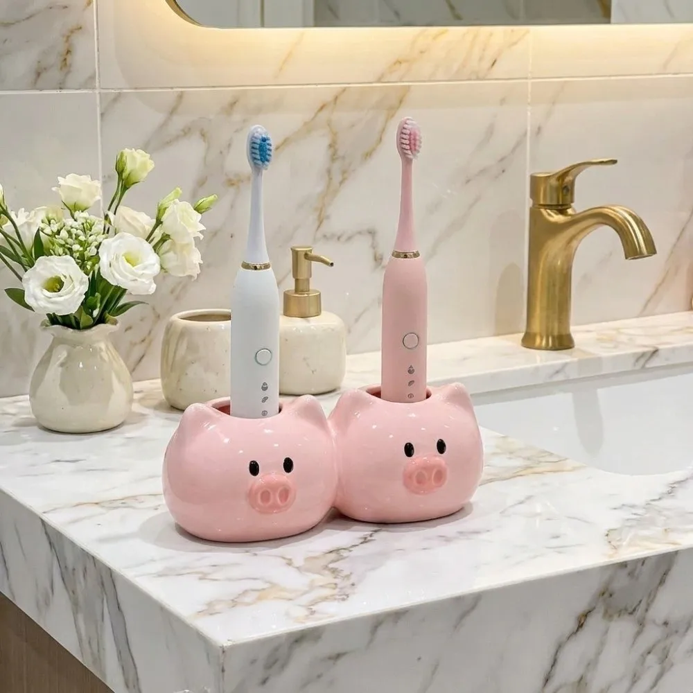 Ceramic Electric Toothbrush Holder Piggy Design Space Saving Toothpaste Toothbrush Base Decorative Cartoon Toothpaste Stand