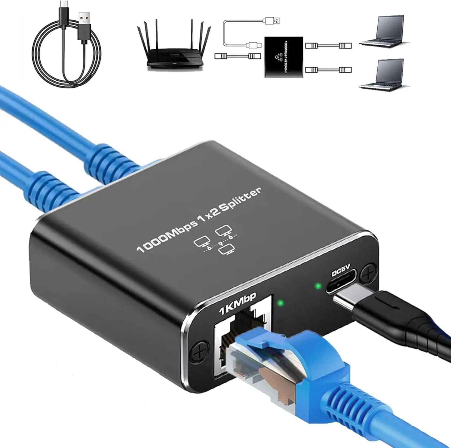 10 SZT. Rozdzielacz Gigabit LAN 1 na 2, 1000Mbps, Szybki, Zasilany przez USB, Do Kabli Cat5/6/7/8