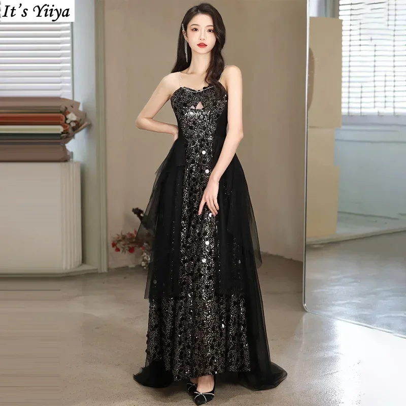 

It's Yiiya Customized Evening Dress Black Sequins Tulle Strapless Zipper A-line Floor Length Plus size Woman Party Formal Gowns