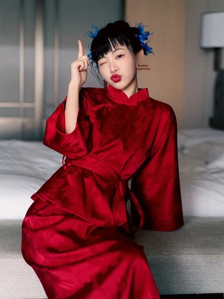 

Red Wedding Dr Set New Chinese Sle Long Skirt Suit for Women Bride Morning Robe Engagement Ceremony Drinking Ceremony