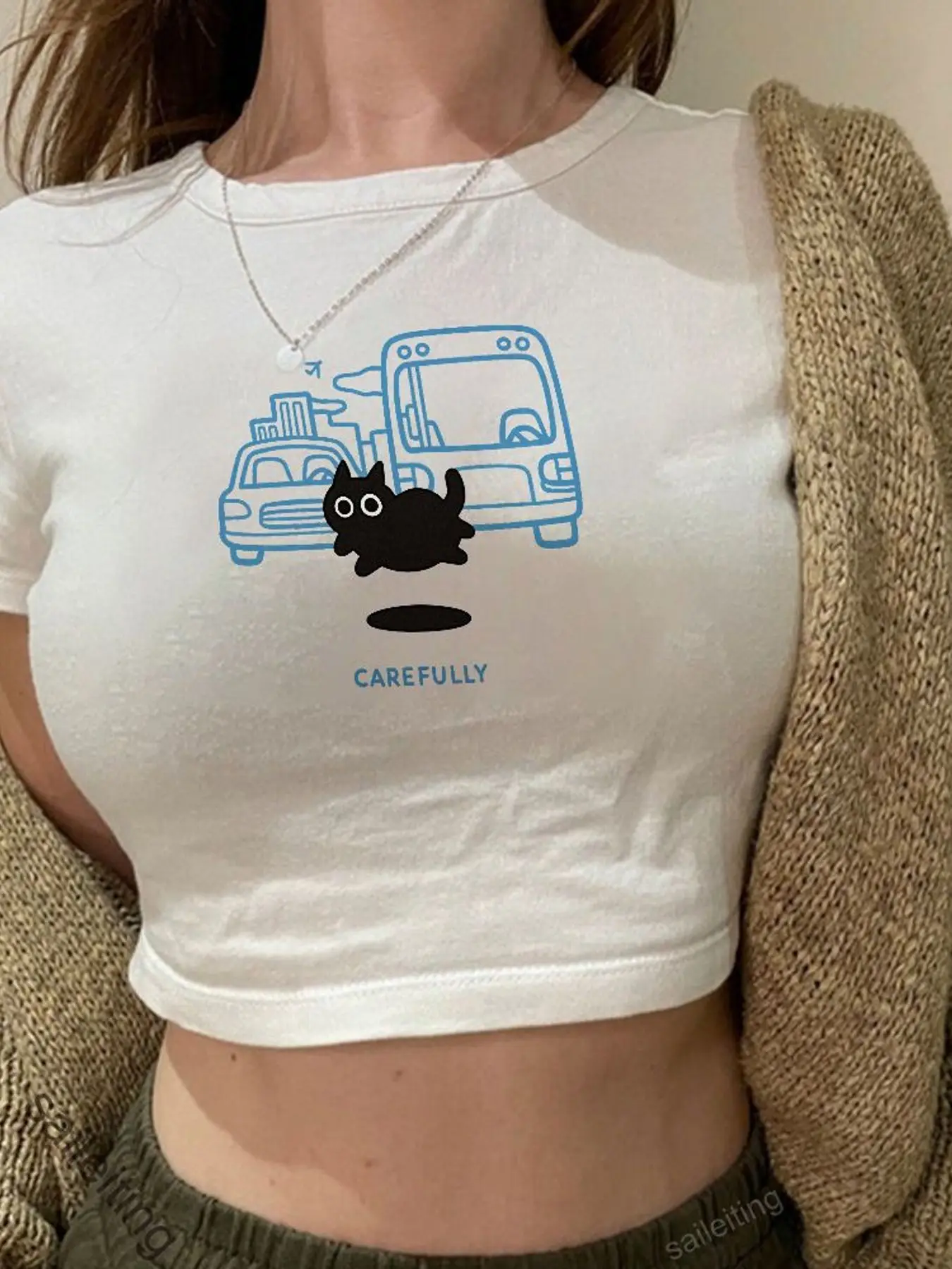 Women's White Cropped T-Shirt with Car Bus Cat Print and 