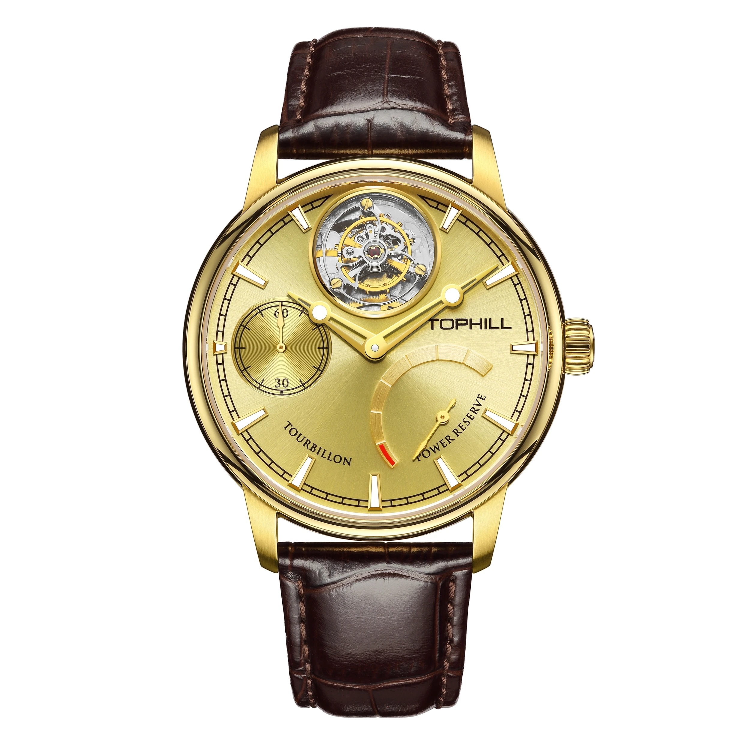 TOPHILL Tourbillon Horloge Voor Mannen Mechanisch Horloge 43.7mm Luxe Skeleton Dial Lederen Band Reloj 316L Roestvrij Staal TU013G