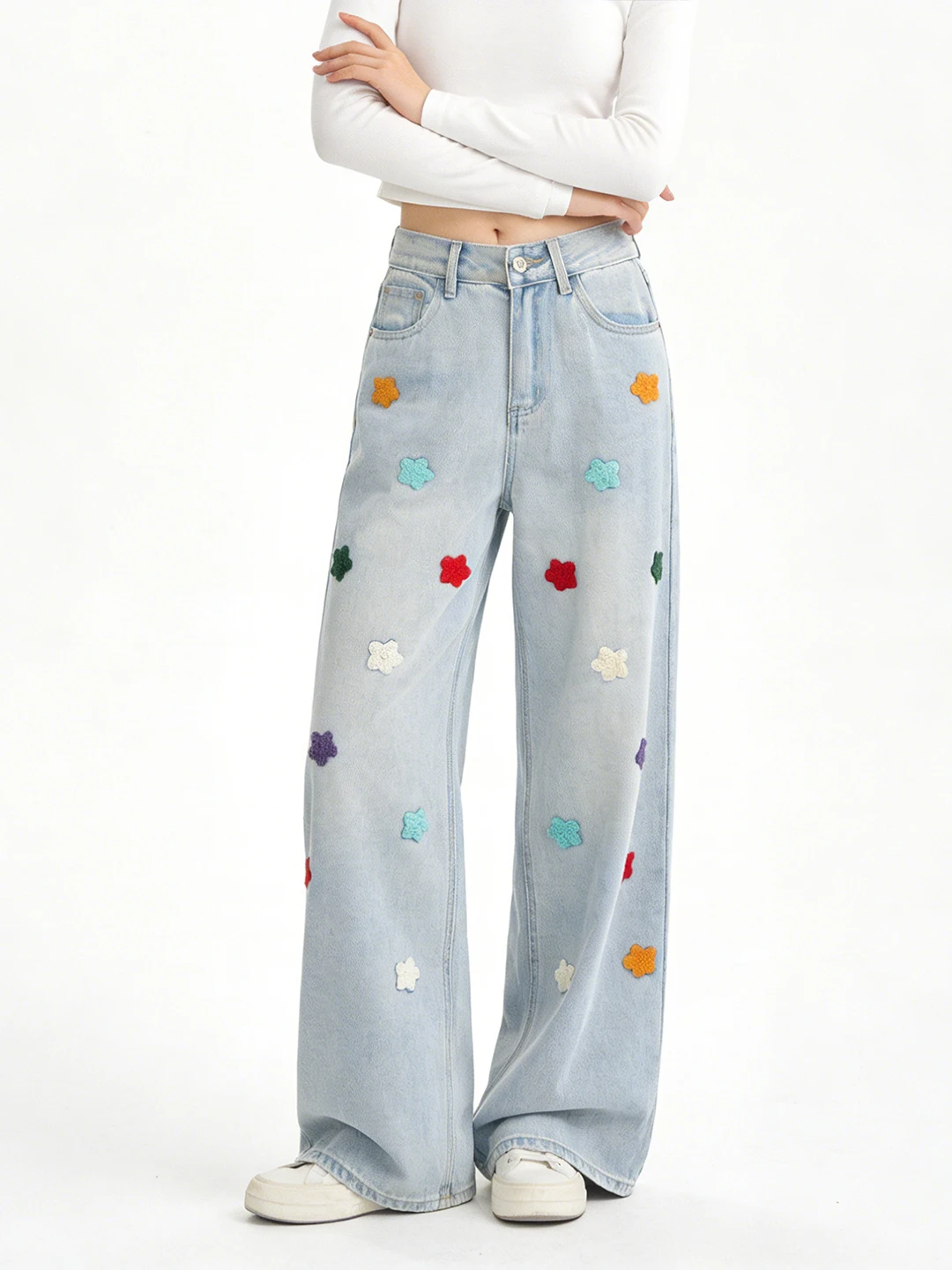 

Korean Sle High Waist Wide Leg Jeans Embroidered Patch Loose Fit Anti Aging Early Spring New Faion Not Tight Leggings Sli...