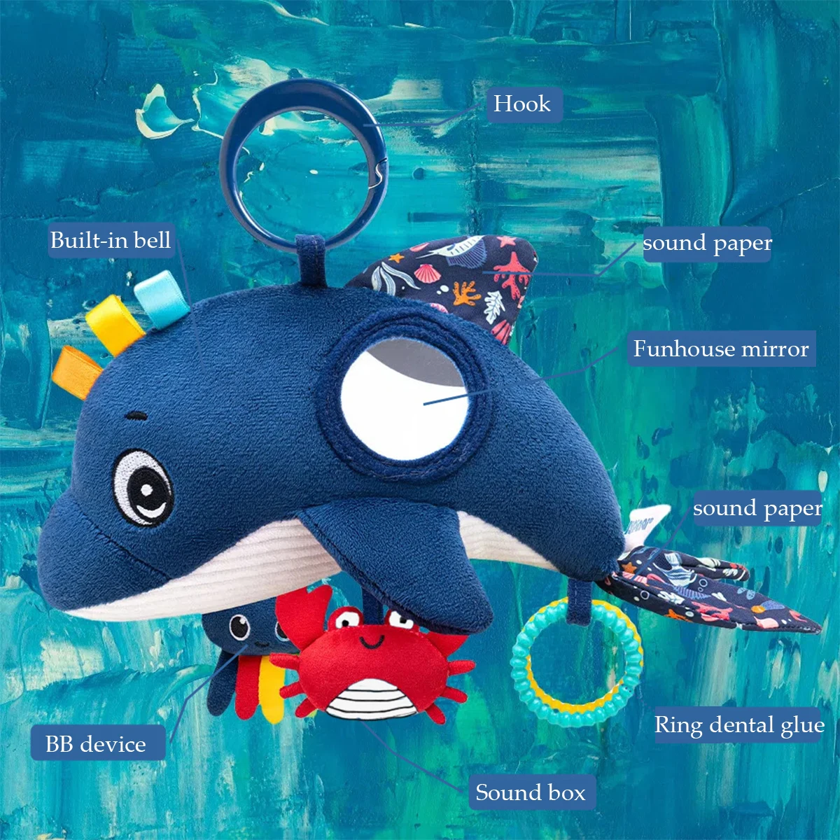 Balena suave para recién nacido, juguete educativo colgante móvil para bebé, desarrollo intelectual, juguete de peluche bonito de mano