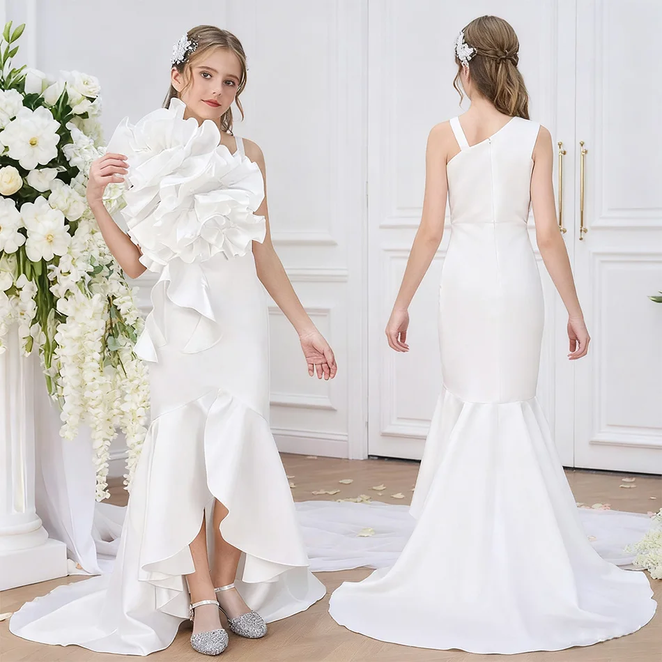 

Белое атласное платье принцессы с бантом Асимметричное платье русалки с рюшами-бюстье для цветочных девушек, банкетов и вечеринок по случаю дня рождения