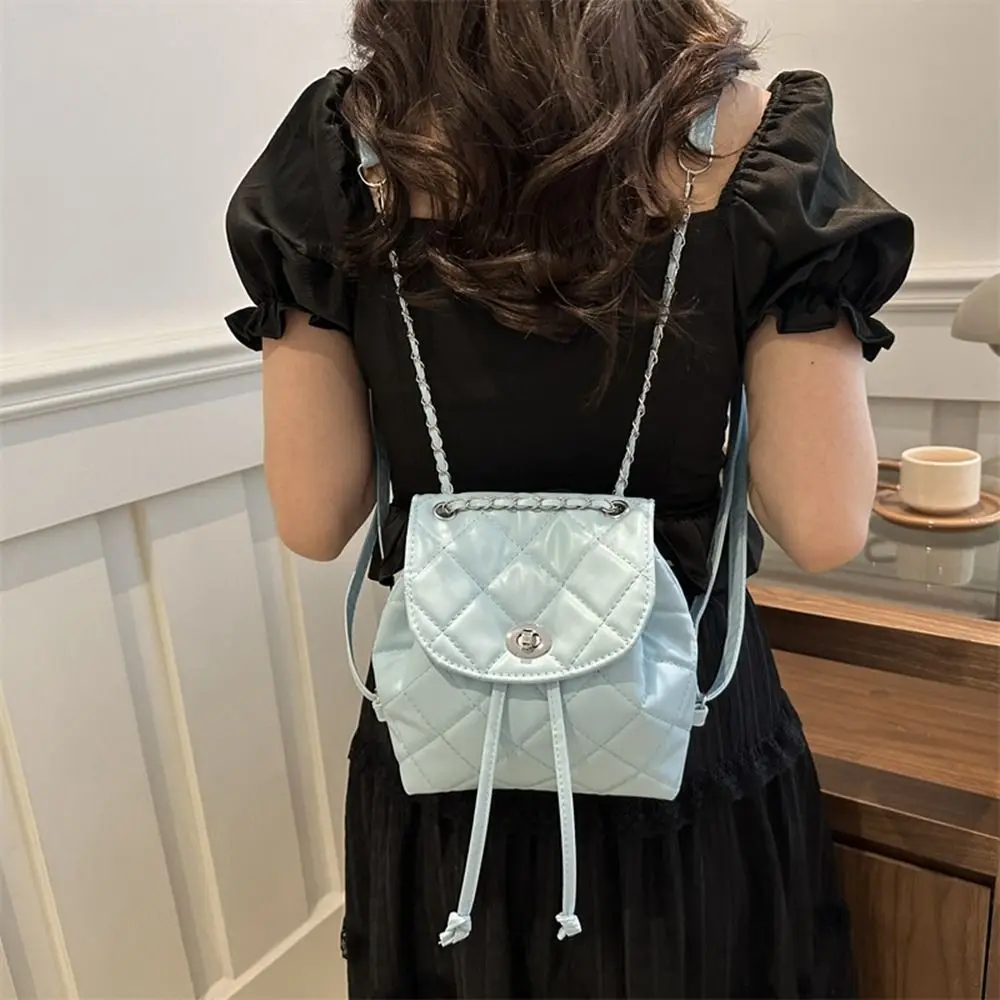 

Cute Small Backpack Pu Leather Silver Rhombic Lattice Chain Shoulder Bag Travel Backpack Large Capacity Pu Bucket Bag Gift