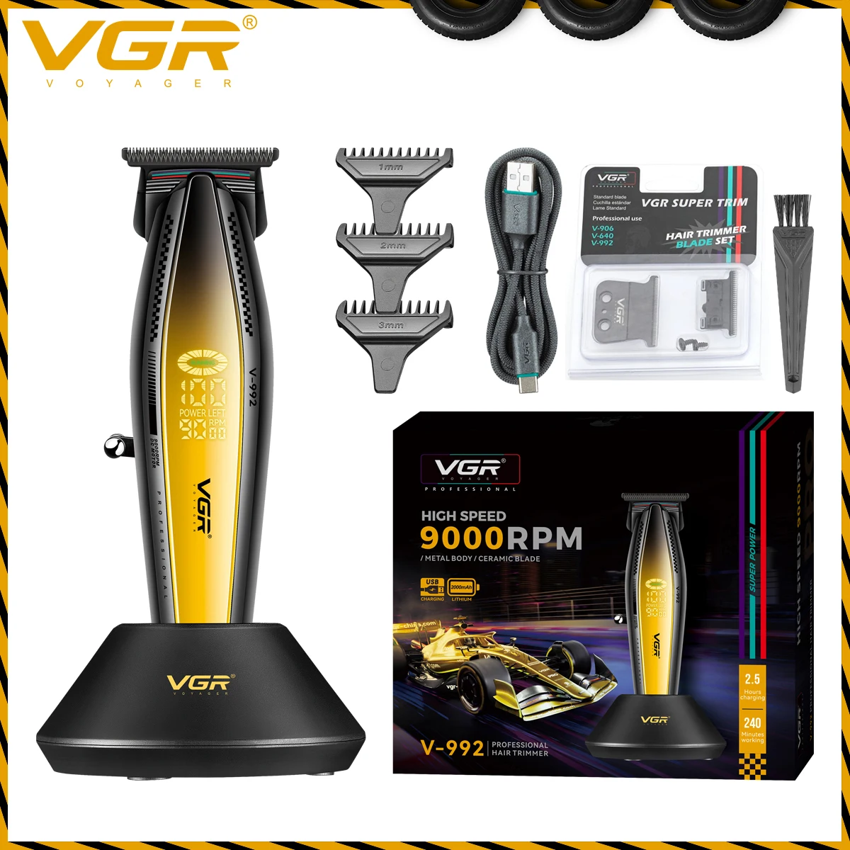 

VGR Hair Trimmer Professional Hair Clippers Trimmer Hair Cutting Machine 9000 RPM Haircut Barber Cordless Trimmer for Men V-992