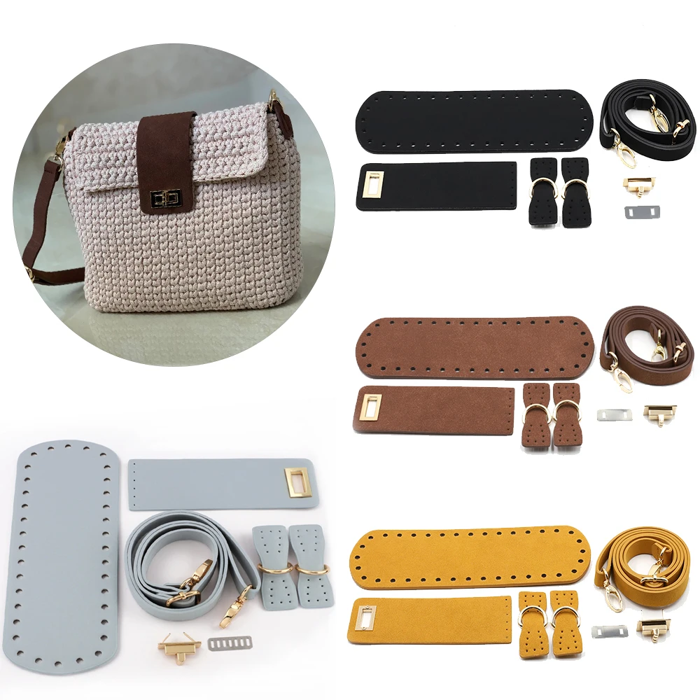 7Pcs/set Handmade PU Leather Bag Set Bag Bottom Shoulder Strap Bag Bucket For Women Knitted Bags DIY Crochet Bag Accessories