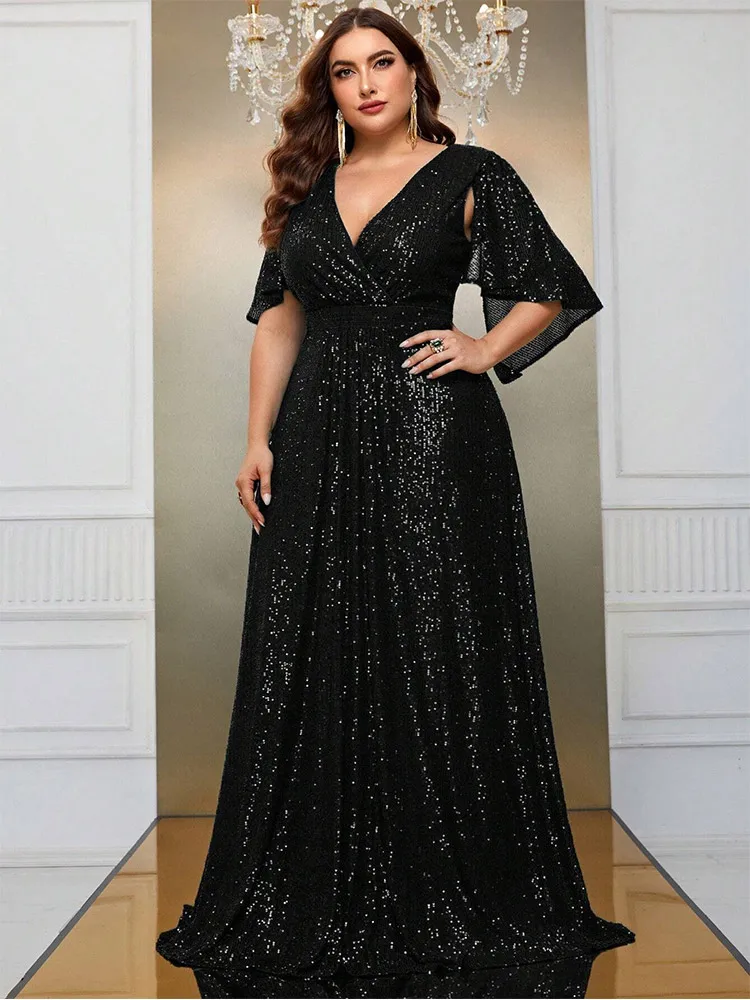 Plus Size 4XL 5XL Sequined Short-Sleeved Loose Floor-Length Dress Custom Color Multi-Color Prom Banquet Evening Dress for Women