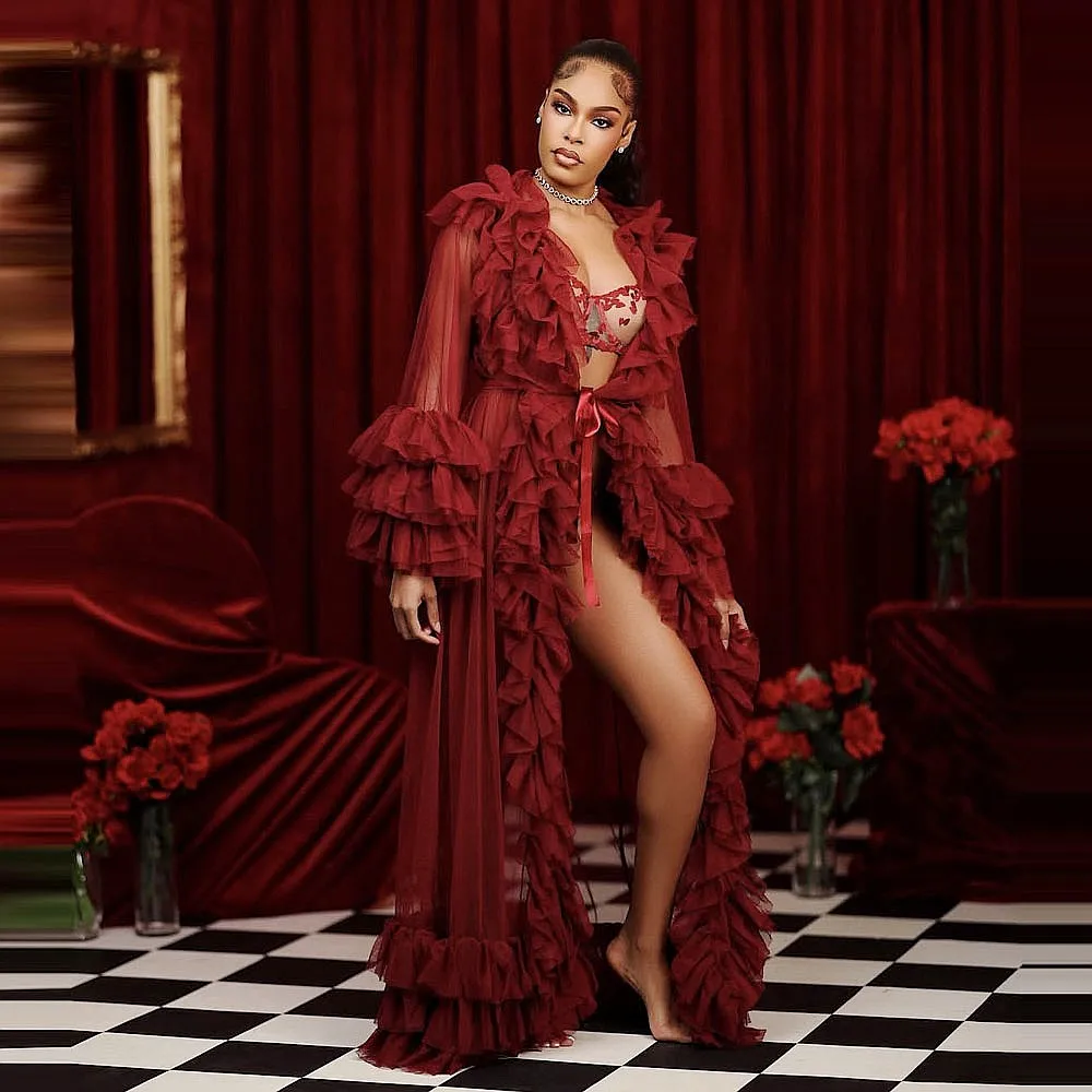 

Red Sexy Long Sleeve Tulle Robes Party Gown For Photoshoot Pregnant Women Gowns See Through Ruffles Girls Birthdal Dress