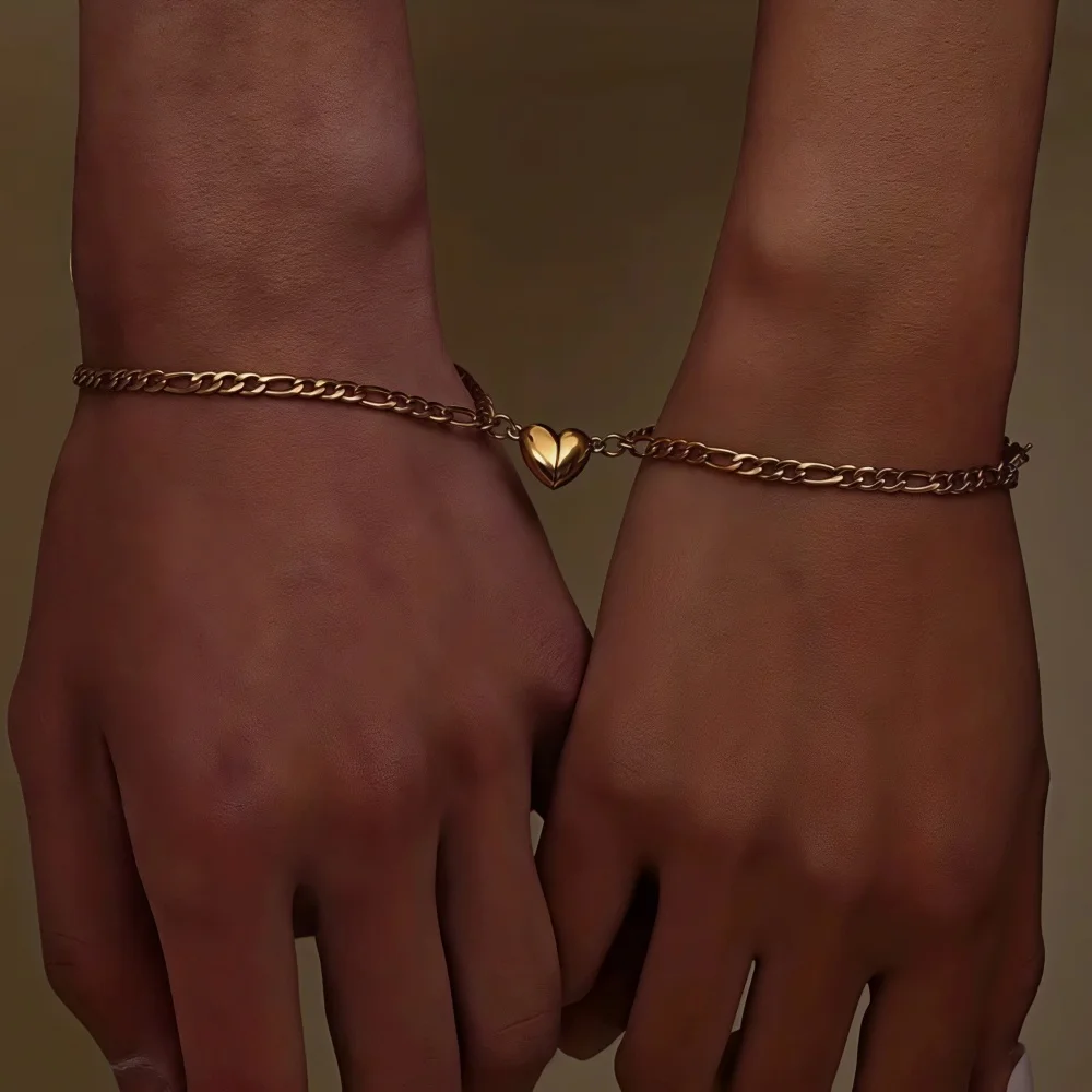 Retro Love Magnetisches Paar-Armband, Einfaches Herren-Armband in Goldfarbe aus Edelstahl mit NK-Kette, Modisches Damen-Party-Schmuckstück – Detail 2