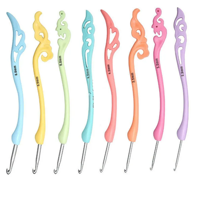 

8Pcs Vintage Aluminum alloy Head Crochet Hooks Fancy Plastic Handle Knitting Needles Set Sweater Scarves Weaving Tool
