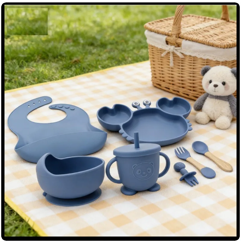 

Baby Silicone Feeding Set 8PCS Crab Divided Plate with Spoon Toddler Learning Tableware for Kids