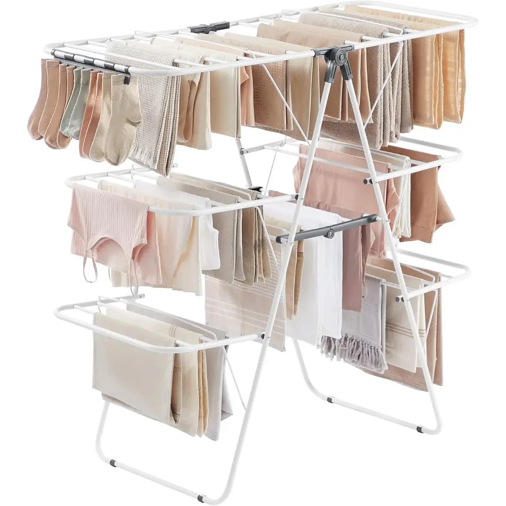 

Clothes Drying Rack, oldable 3-Level Laundry Rack, ree-Standing Large Drying Rack, with Height-Adjustable Wings, 39 Drying Rails