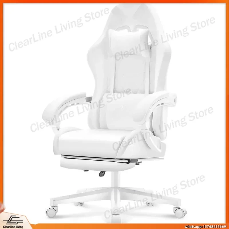 White Ergonomic Office Chair with Massage Function Reclining Leather Computer Desk Chair Adjustable Height Footrest Pocket