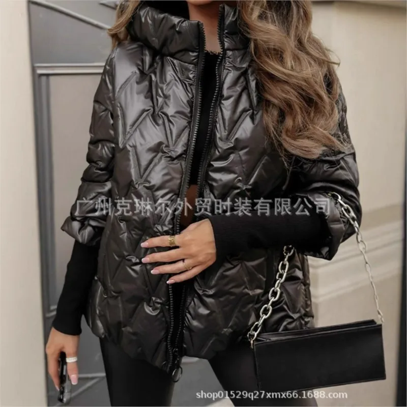 여성용 스트리트 패션 후드 퀼팅 코트 재킷 2025 겨울 포켓 지퍼 솔리드 긴 소매 루즈 코트 오버사이즈 아우터웨어