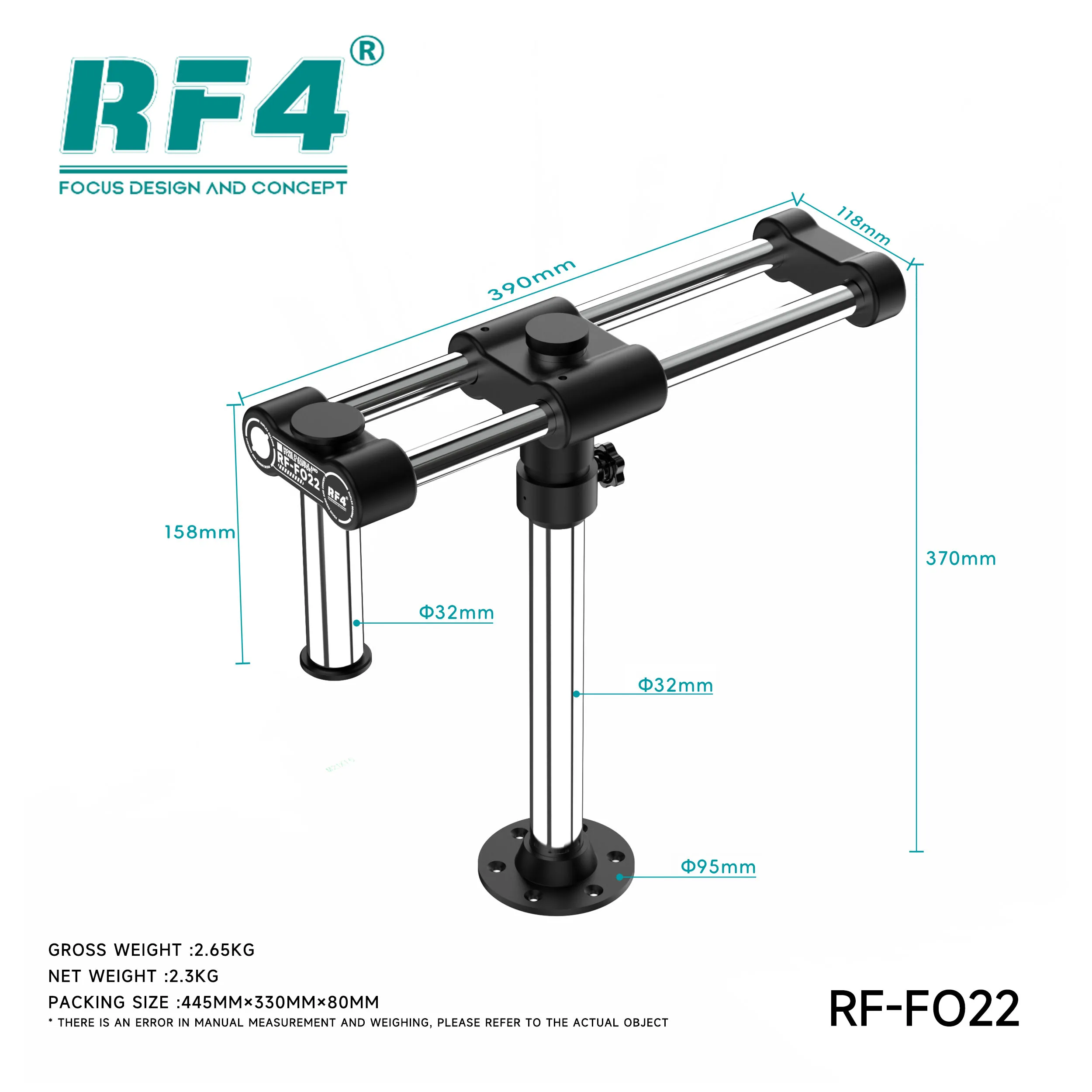 RF4 RF-FO22 Adjustable Universal Double Boom Microscope Stand Movable Aluminum Alloy Focusing Holder Base Metal Braket