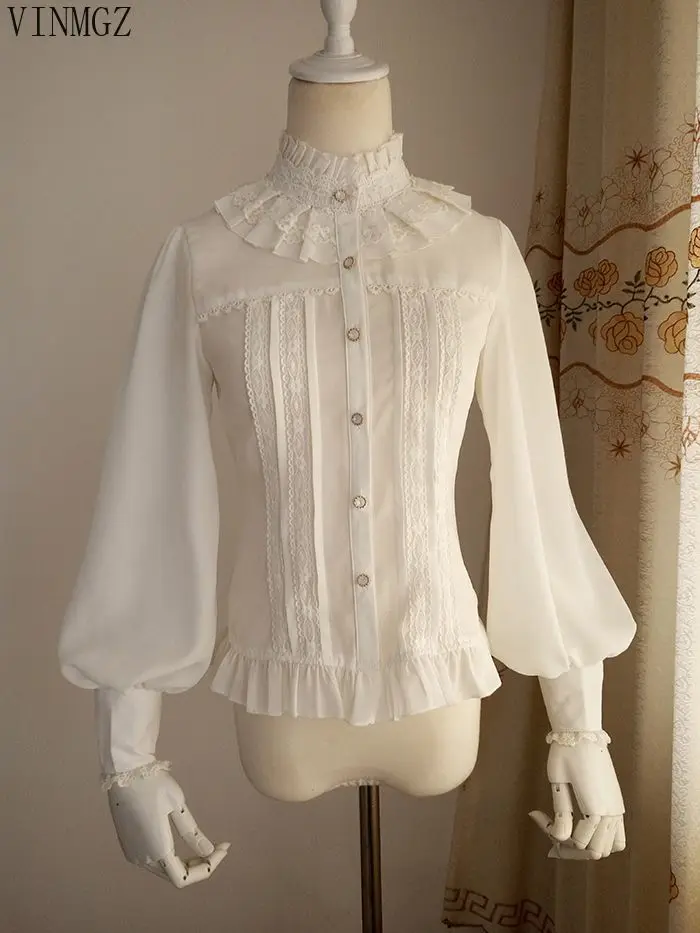 New dress retro lolita stand-up collar lamb leg sleeves long-sleeved chiffon lace princess versatile shirt