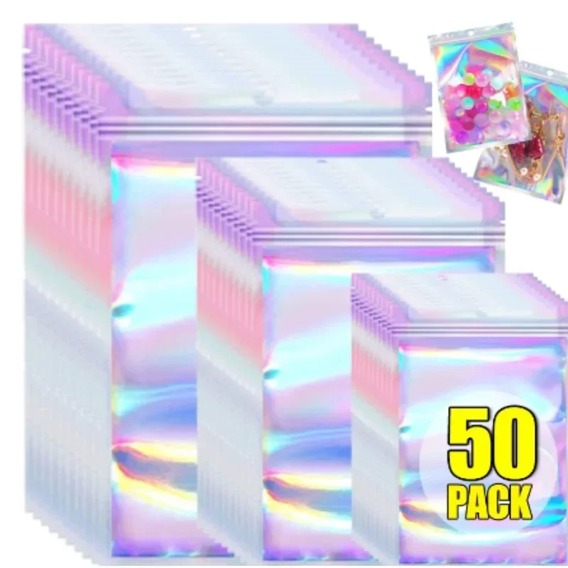 

Laser Sealing Bags Plastic Holographic Candy Food Pouch Bag Resealable Necklace Jewelry Gift Packaging Kitchen Storage Bag