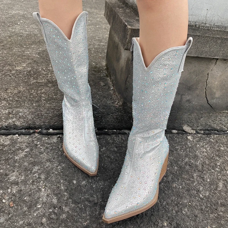 Rhinestone Fashion Women\'s Western Mid-Calf Boots New 2023 Cowboy Cowgirl Shiny Pointed Toe Zipper Sexy High Heels Luxury