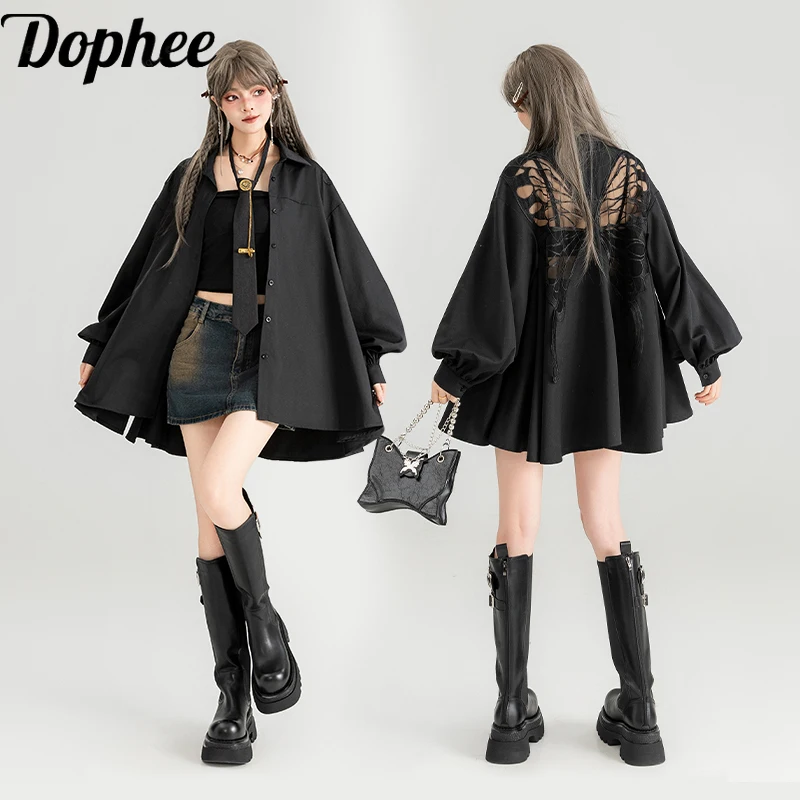 

Dophee Original Back Hollow Out Butterfly Black Short Sleeve Blouses Mid-long Loose Women Cardigans Shirt Casual Sunscreen Top