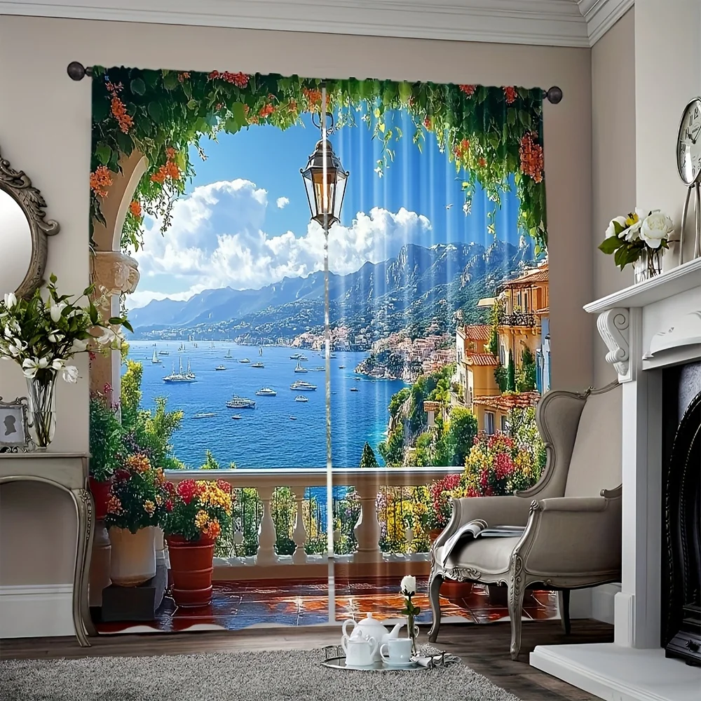 Italy Riviera Scenic Window Curtain 2 Panels, Colorful Coastal Villa Vine Flower Clear Sea Mountain Print For Bedroom Home Decor