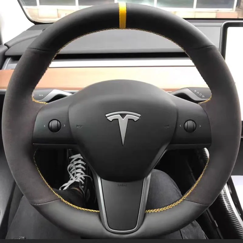 For Tesla Model 3 Y 2015-2020 Auto Parts Hand-stitched Non-slip Yellow marked suede Car Steering Wheel Cover