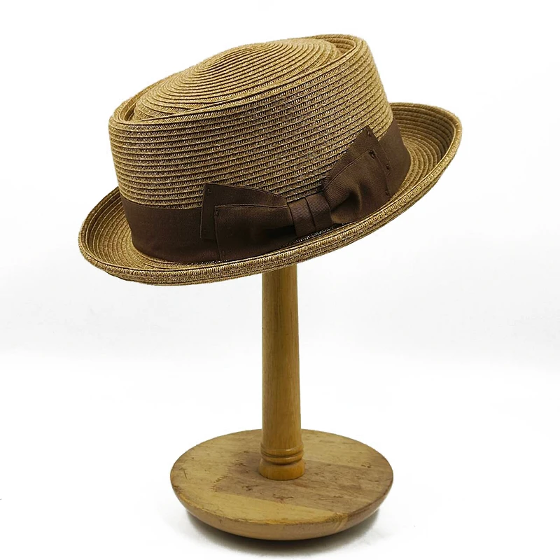 Small Top Hat Curled Men\'s and Women\'s Straw Hat Pork Pie Hat 2024 New Sun Hat Summer Beach Hat Gentleman Hat Bow Accessories